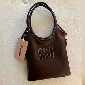 Miu Miu Brown Leather Shoulder Bag with Curved Handle